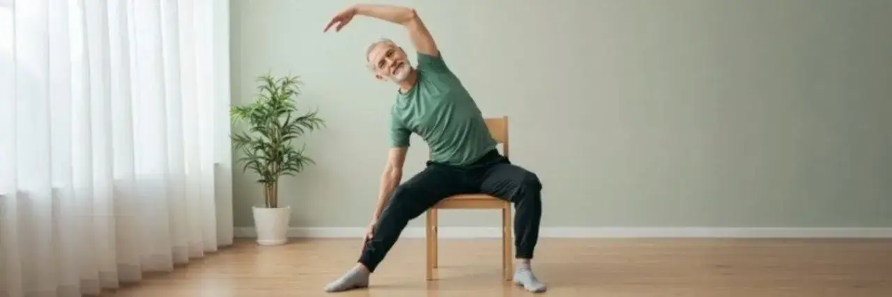 &Auml;ldre man g&ouml;r senior yoga p&aring; en stol, str&auml;cker sig &aring;t sidan med ett leende.