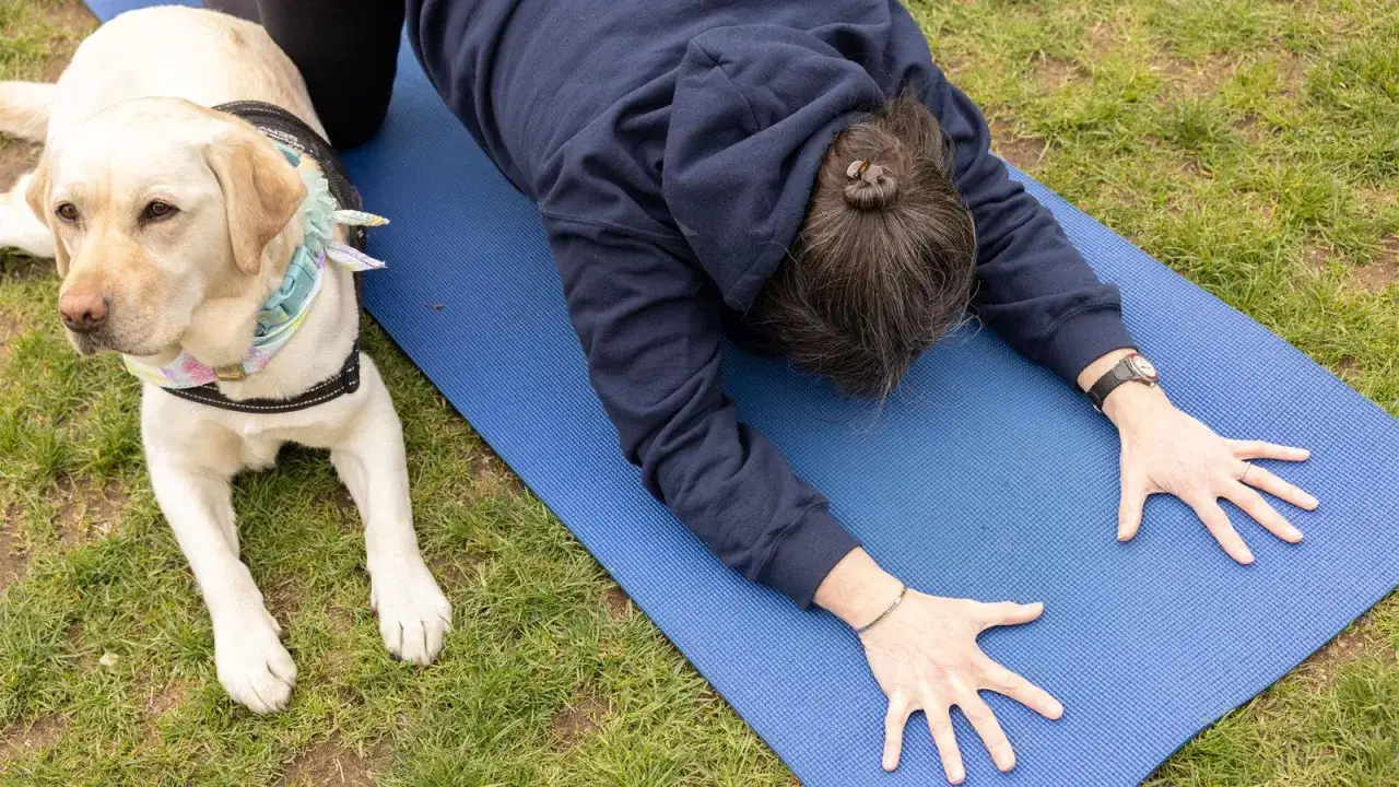 En person och en gul labrador g&ouml;r hund yoga utomhus p&aring; en bl&aring; yogamatta. Hunden ligger lugnt bredvid.