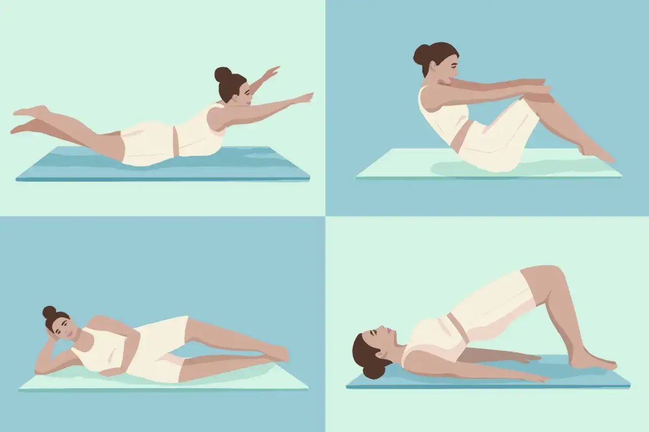 Illustration av en kvinna som utför olika övningar för pilates hemma: liggande på mage, sittande, liggande på sidan och brygga.
