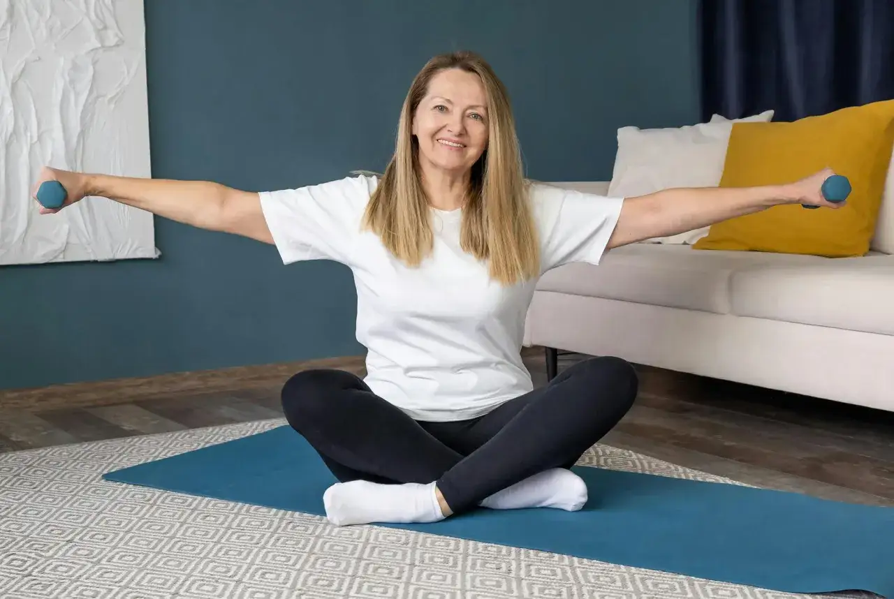 En kvinna med blont h&aring;r sitter p&aring; golvet i lotusst&auml;llning p&aring; en yogamatta, h&aring;ller hantlar i utstr&auml;ckta armar och ler mot kameran.