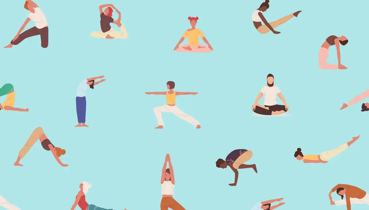 M&ouml;nster med m&auml;nniskor som g&ouml;r yoga. En person stretchar nacken i en sidob&ouml;jning.