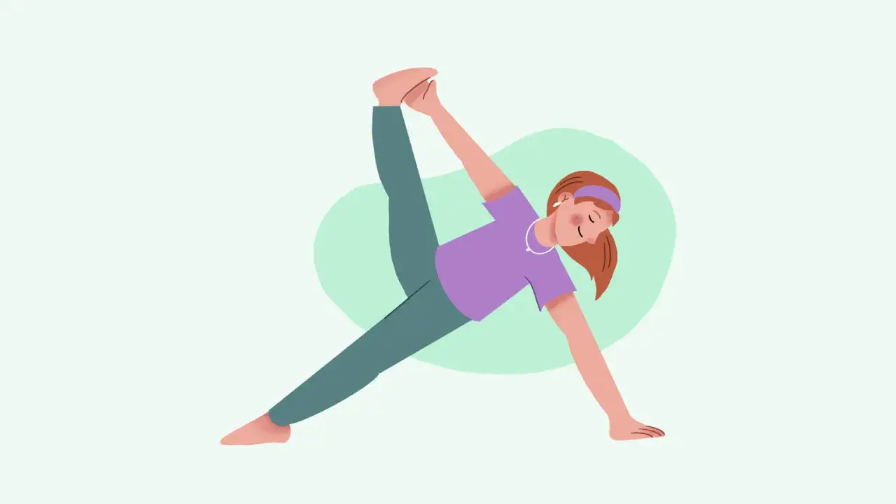 En kvinna utför en Anusara yoga-position, med ett ben lyft och böjt, medan hon balanserar på en hand.