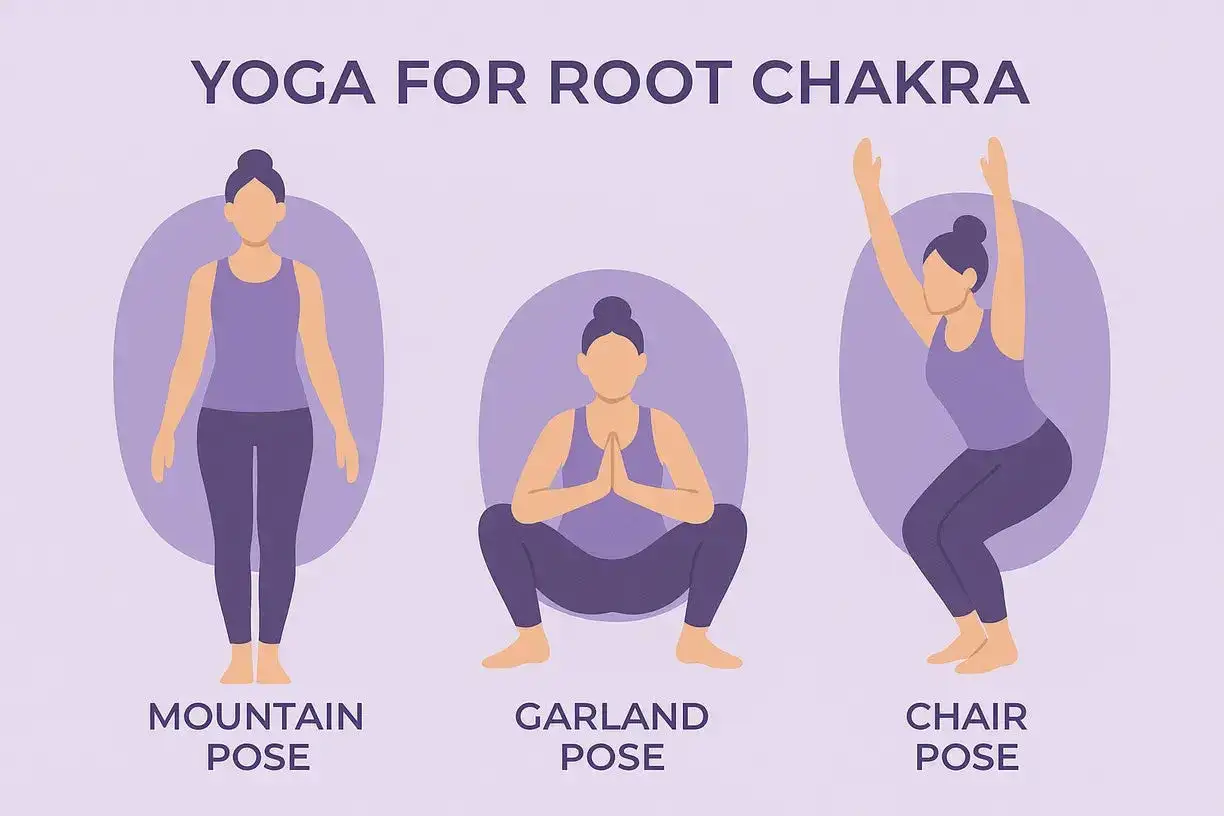 Yoga f&ouml;r rotchakrat: Bergsposition, Kransposition och Stols-position. Dessa st&auml;llningar hj&auml;lper till att f&ouml;rst&aring; hur fungerar jordning.