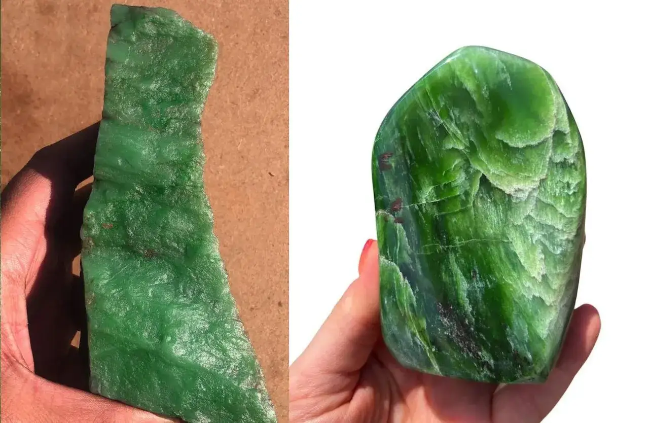 Två bilder av en vacker, grön jade sten. Den ena visar en rå bit i handen, den andra en polerad sten.
