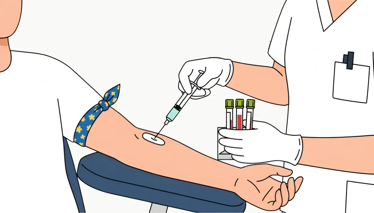 Blodprov tas f&ouml;r att testa hormoner. En sjuksk&ouml;terska med vita handskar drar blod fr&aring;n en arm med ett bl&aring;tt band med gula blommor.